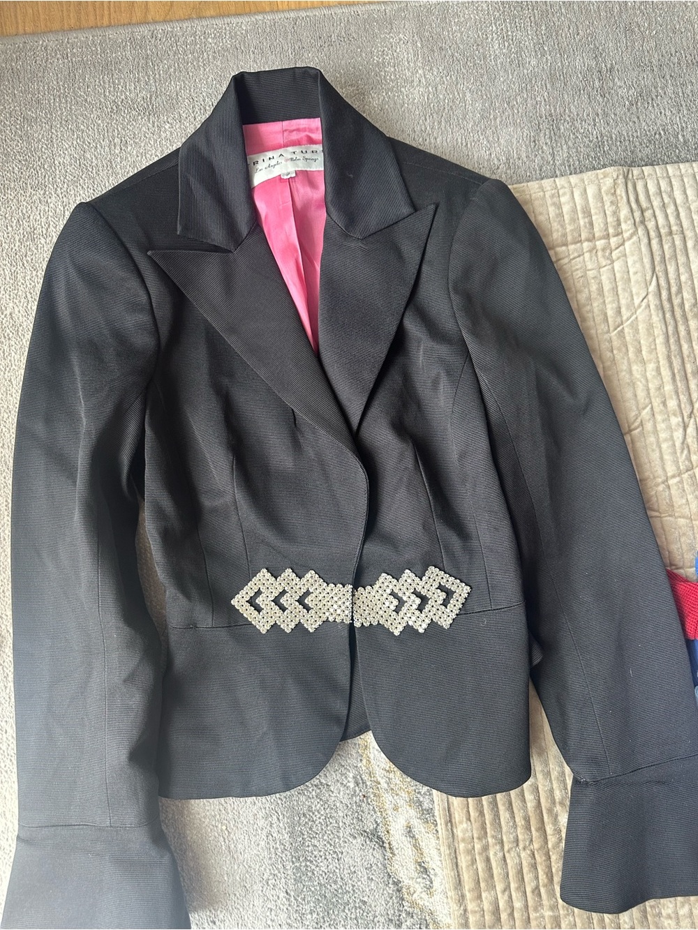 Trina Turk Black Blazer with Rhinestone Waist Detail and Pink Lining
